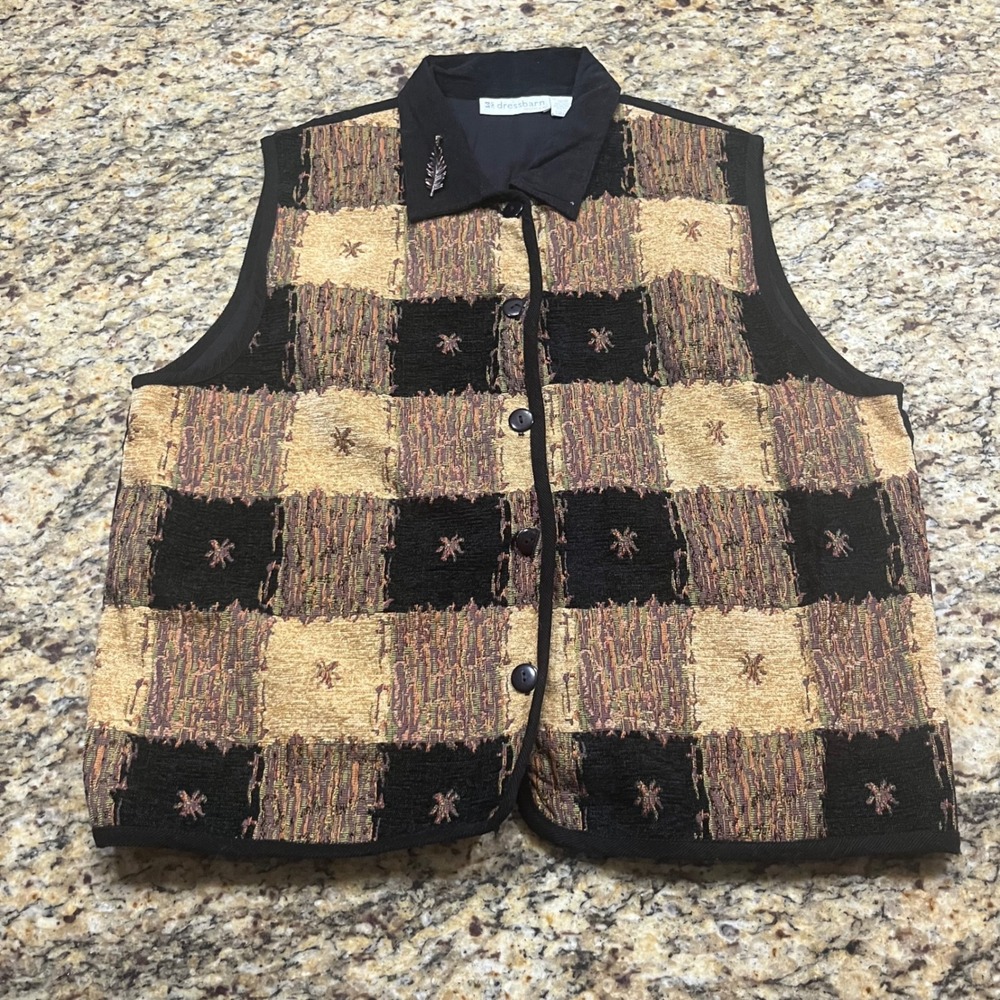 Dressbarn Woman Vintage Tapestry Patchwork Corduroy Vest Plusβ Size 18/20 Brooch